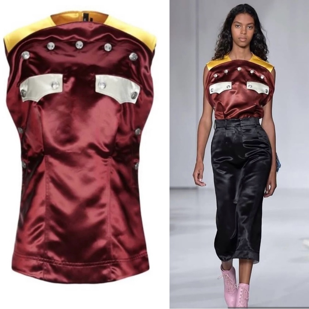 Calvin Klein 2018 Satin Wearable Art Medallion Button Colorblock Blouse US 2